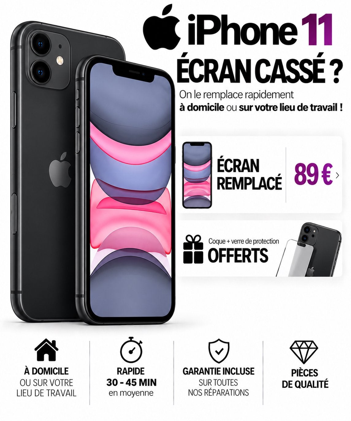 📱RÉPARATION ÉCRAN iPHONE 11 – BRUXELLES 0466273471 ✅, Enlèvement, Comme neuf, Protection, Apple