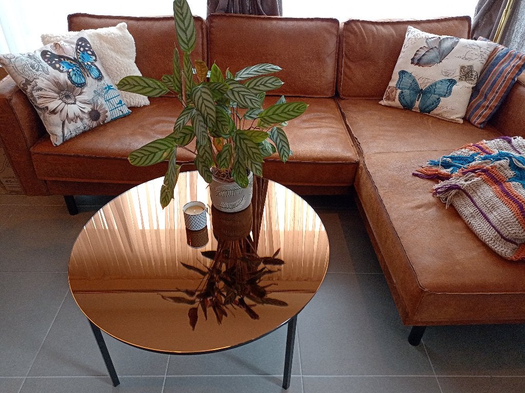Table basse en verre cuivre/doré rose — Ø 80 cm, Maison & Meubles, Tables | Tables de salon, Comme neuf, 5 – 50, 50 à 100 cm, 50 à 100 cm