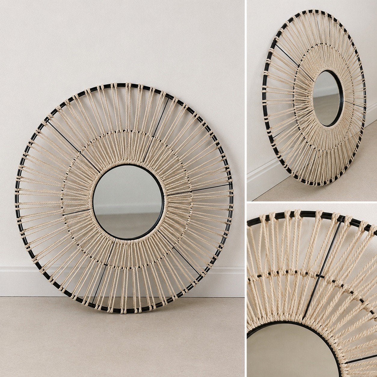 Grote ronde wandspiegel – boho / rotan look, Enlèvement, Métal