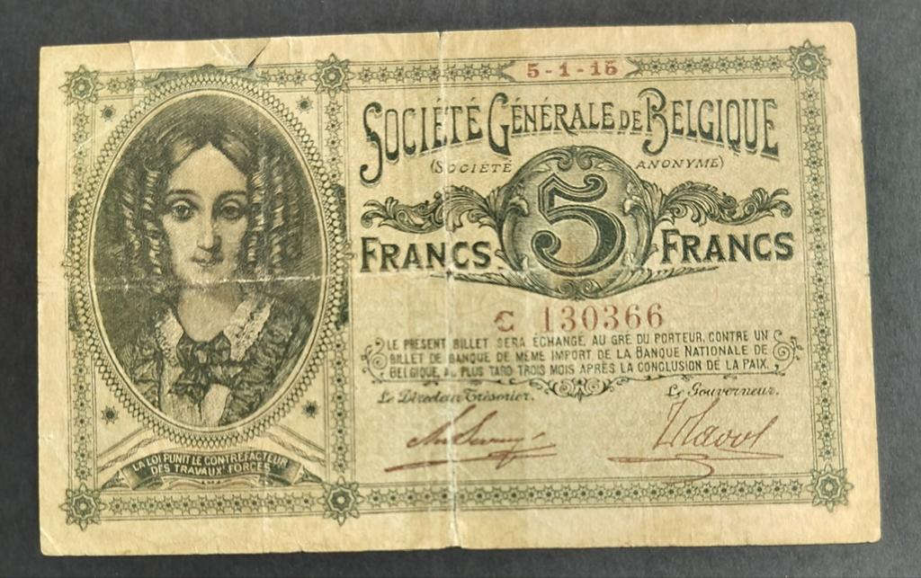 BELGISCH bankbiljet van 5 frank uit 1915 gerepareerd maar ze, Postzegels en Munten, Bankbiljetten | België, Los biljet, Ophalen