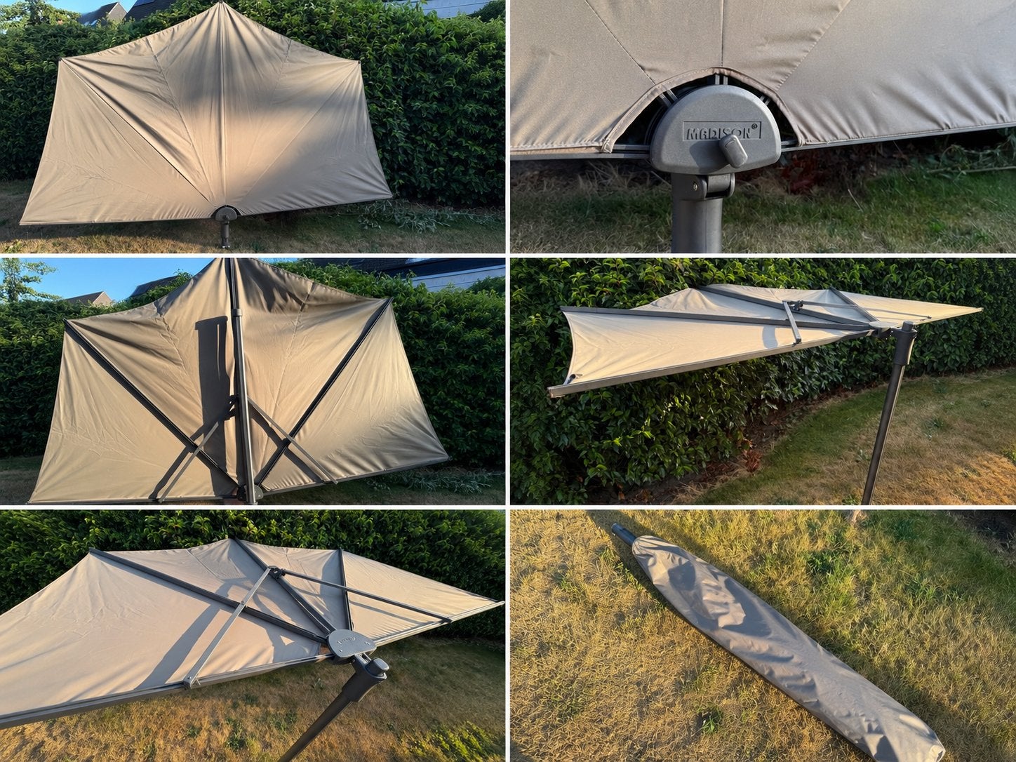 Madison balkonparasol  270 x 150 cm Taupe Incl beschermhoes, Ophalen, Zo goed als nieuw, Parasolvoet