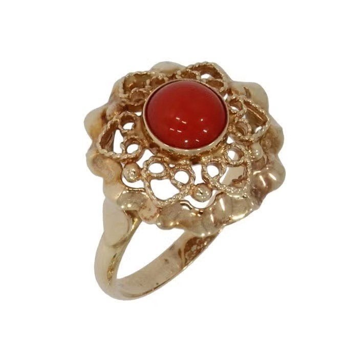 Bloedkoraal fraaie 14k gouden ring edelsteen vintage dame, Ophalen of Verzenden, Zo goed als nieuw, Dame of Heer, Met edelsteen