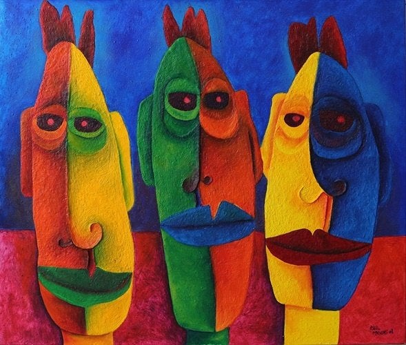 Kunsthandel Gennep - "Drie Hoofden", Antiquités & Art, Art | Peinture | Moderne, Enlèvement ou Envoi, Signé, Technique mixte