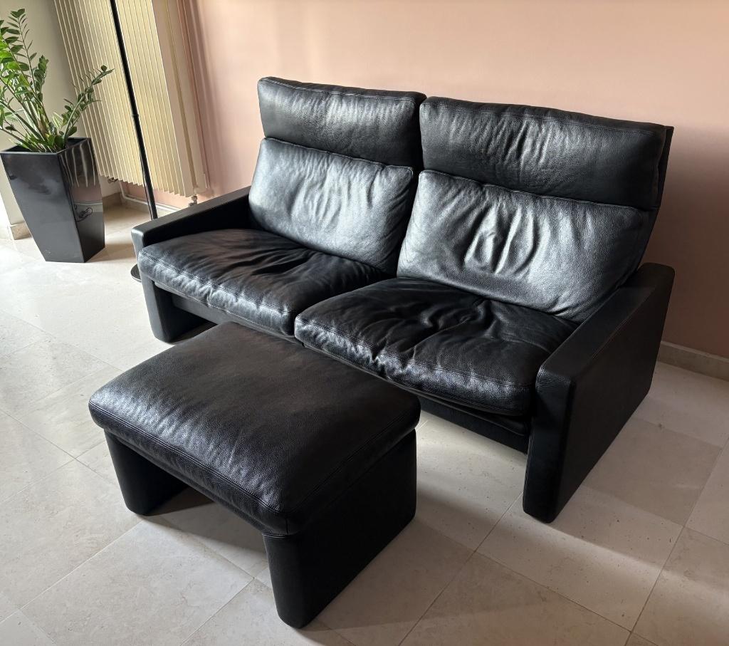 ERPO zitbank Manhattan zwart leer relax + voetsteun, Ophalen, Gebruikt, Overige maten, Design contemporain / Moderne / Haut de gamme