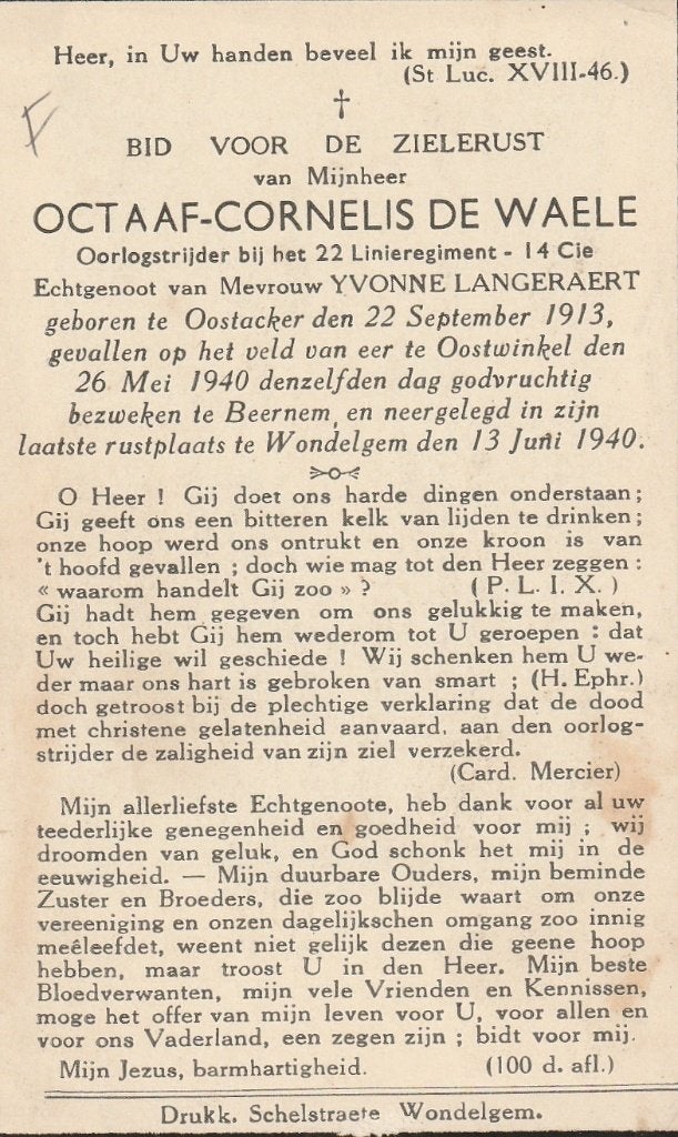Gesneuvelde 1940-45 Octaaf De Waele, Collections, Images pieuses & Faire-part, Envoi