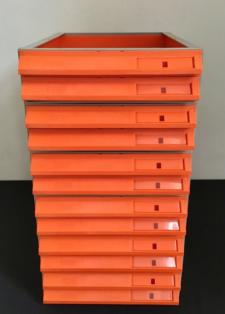 Vintage fichekast - ladenkast in oranje kunststof ,jaren ‘70, Ophalen, Kunststof, Gebruikt, 5 laden of meer
