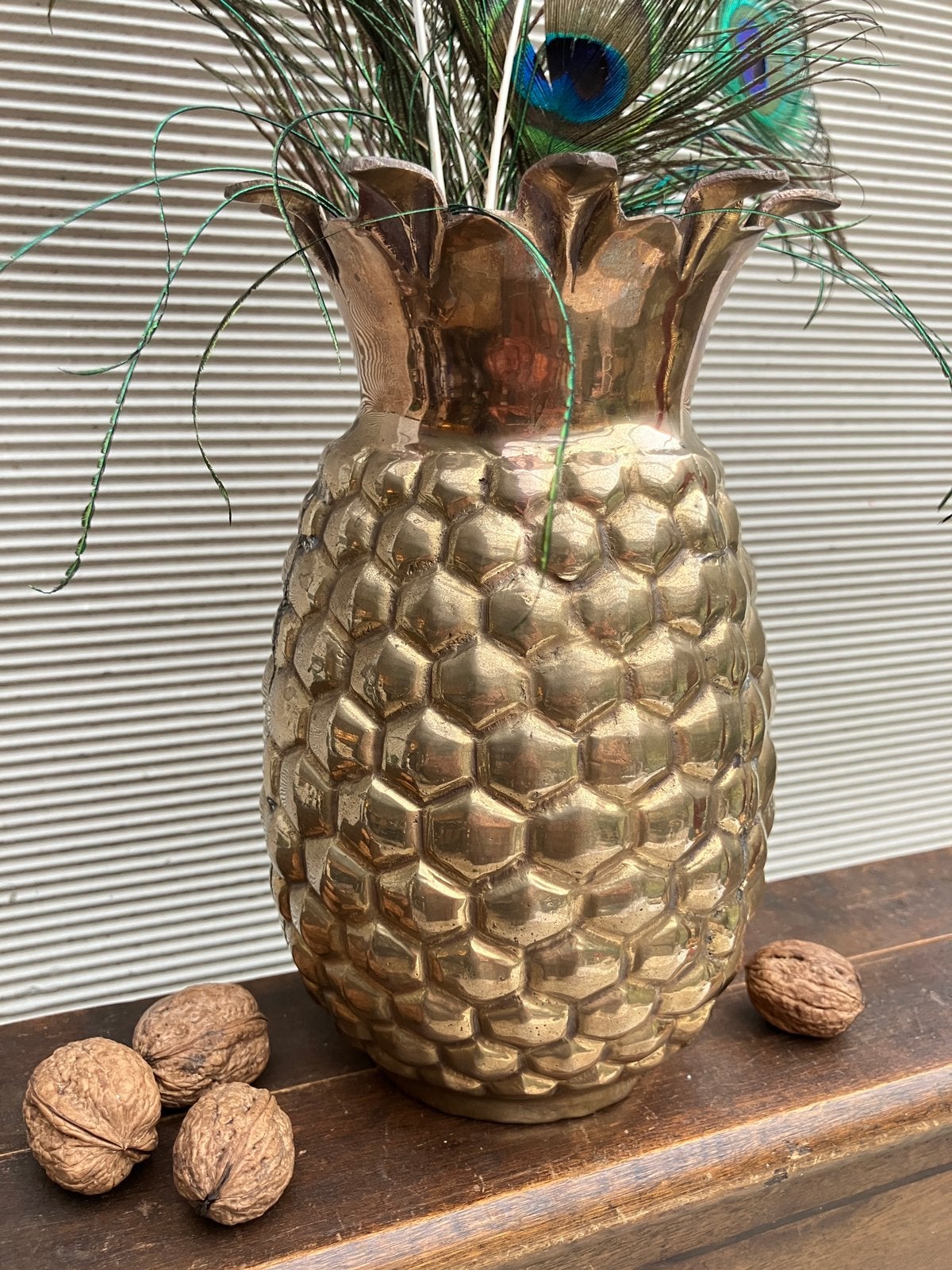 Vintage Ananas-vaas 1,35kg messing, Huis en Inrichting, Gebruikt, 21 cm, Overige kleuren, Metaal