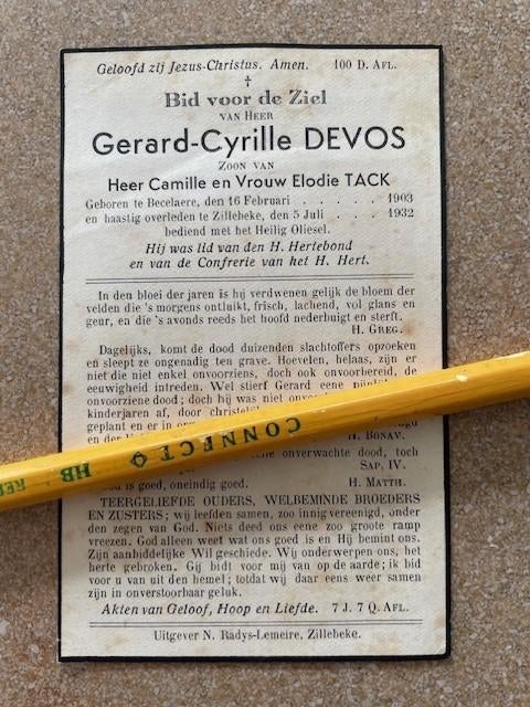 DODELIJKE HOEFSLAG VAN PAARDEN Zillebeke Gerard Devos 1932, Ophalen of Verzenden, Bidprentje