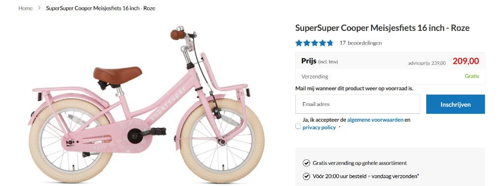 Supersuper Cooper 16 inch kinderfiets – zeer mooie staat, Ophalen, Terugtraprem, Zijwieltjes, 16 tot 20 inch