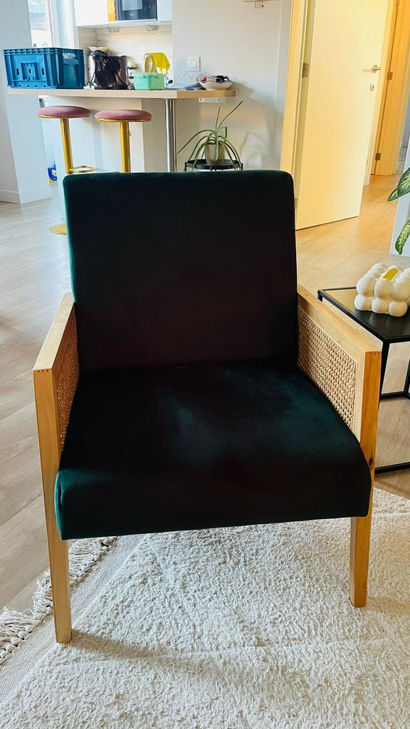 Groene fauteuil met suède stof, Ophalen, Overige kleuren, Zo goed als nieuw, Eén