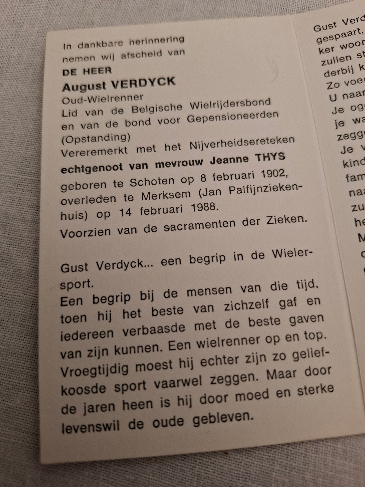 bidprentje oud wielrenner, Verzamelen, Ophalen of Verzenden, Bidprentje
