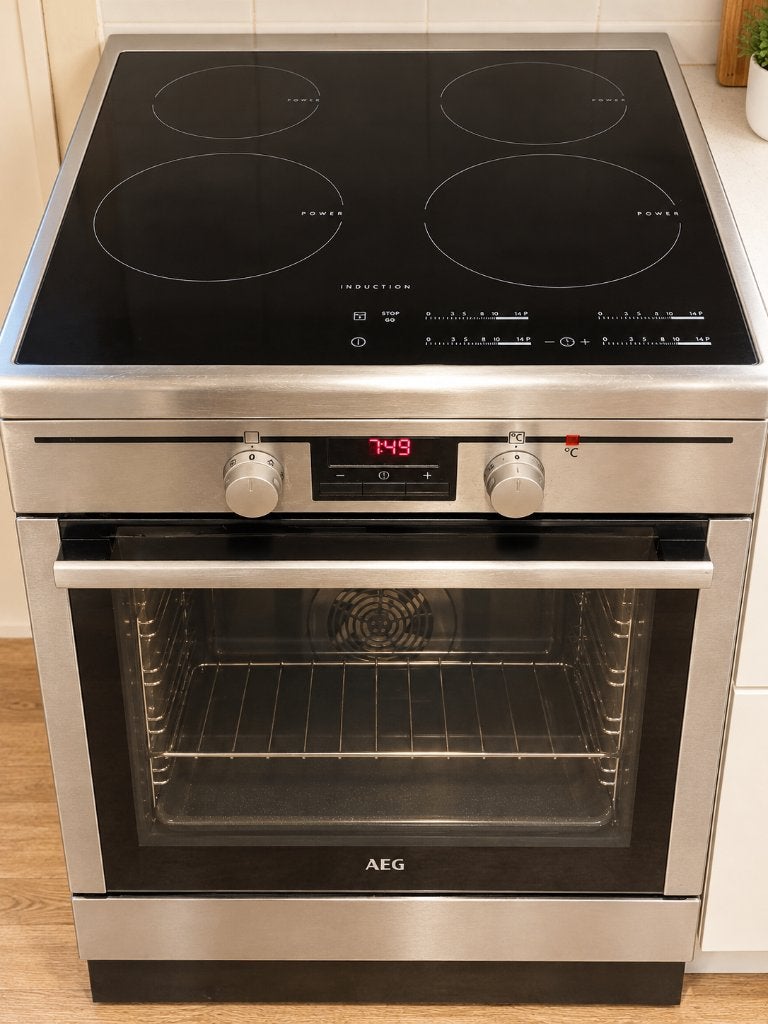 AEG inductiefornuis + oven – vrijstaand – €47, Ophalen, Gebruikt, 50 tot 100 cm, Minder dan 100 cm