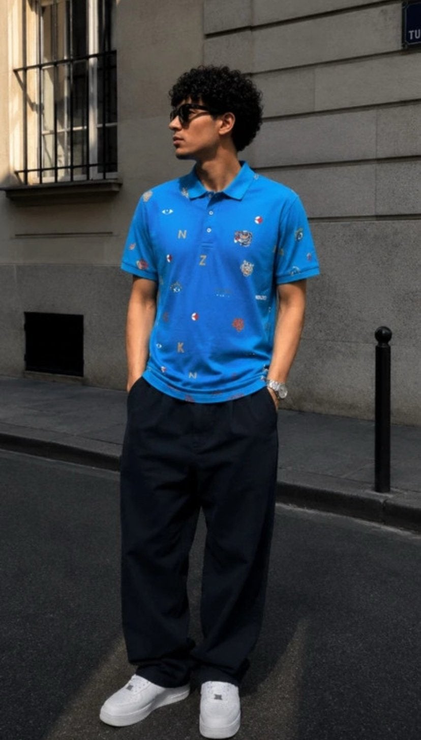 Polo Kenzo Paris Bleu Multi Icons Taille XL, Enlèvement ou Envoi, Comme neuf, Bleu