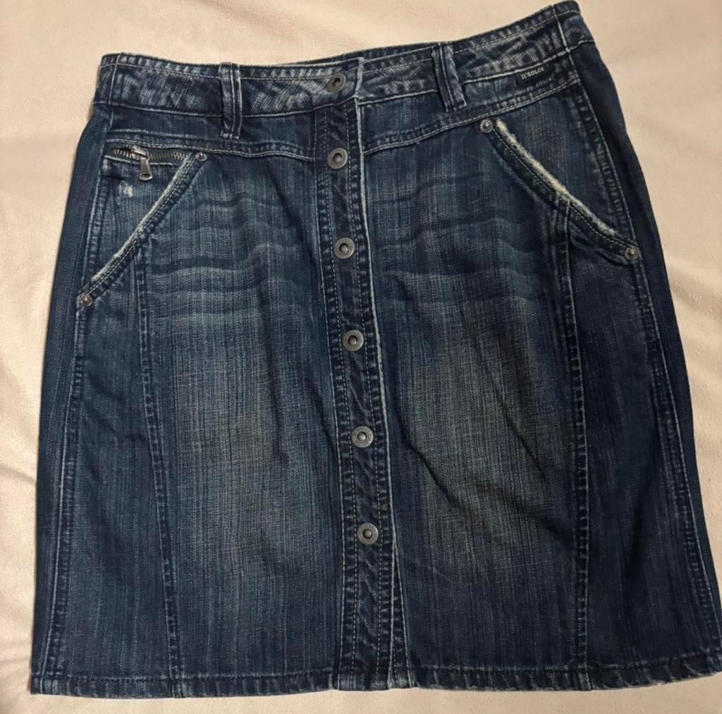 Jupe en jean à boutons-pression en métal S/36, Enlèvement ou Envoi, Porté, Taille 36 (S), Bleu