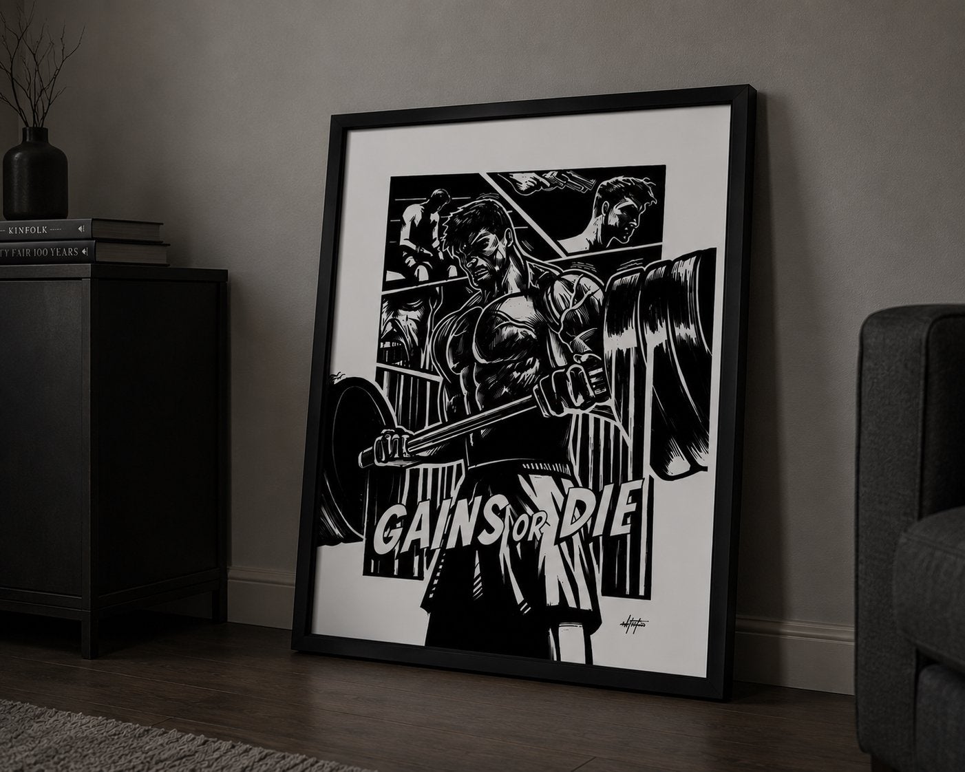 Canvas Wall Art “Gains or Die” Inktuitive – 76 x 102 cm, Antiek en Kunst, Ophalen