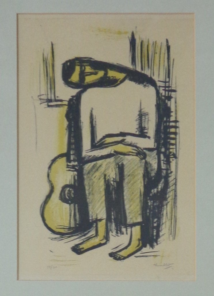 THEO HUMBLET / MUZIKANT / KLEURLITHO / 60x45cm / KADER / SIG, Gesigneerd, Ophalen of Verzenden