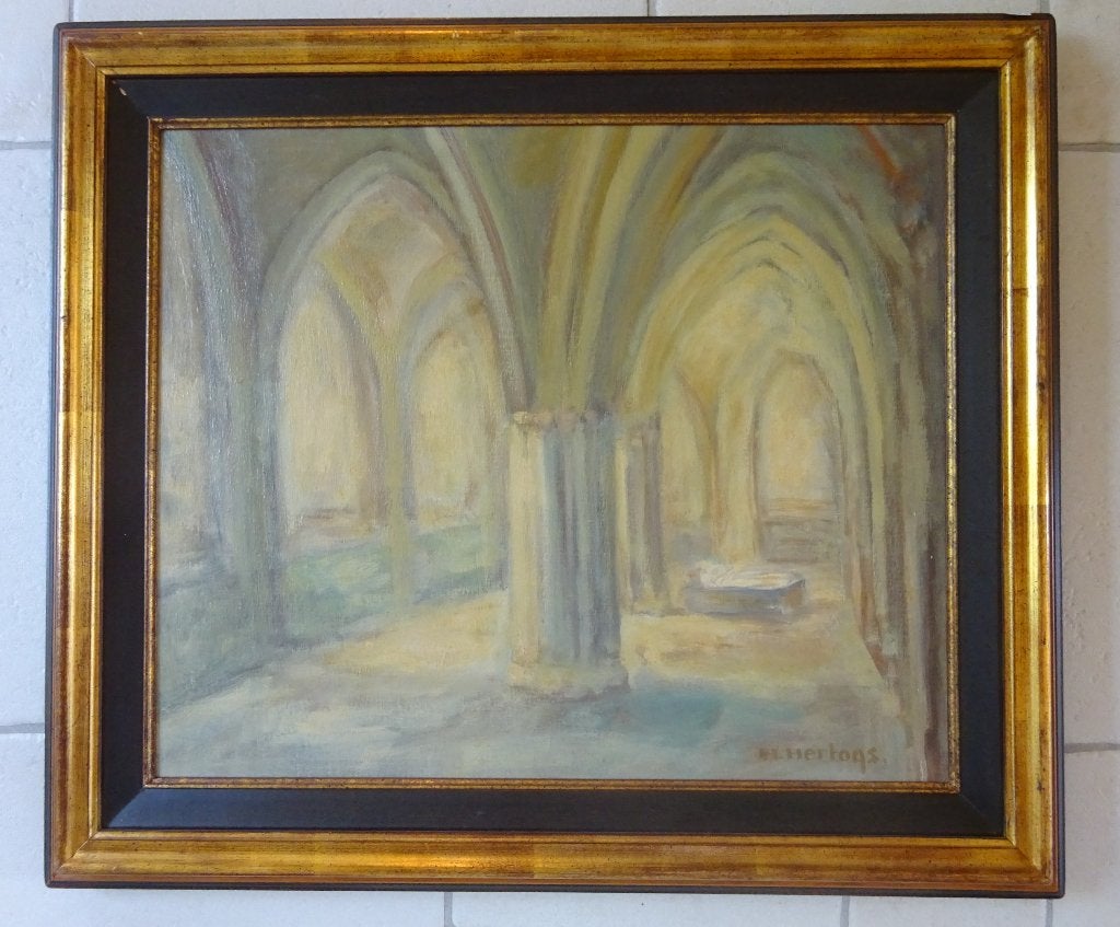 Herman Hertogs, doek, Gotisch interieur 1980, 50 x 60 cm,, Antiek en Kunst, Ophalen