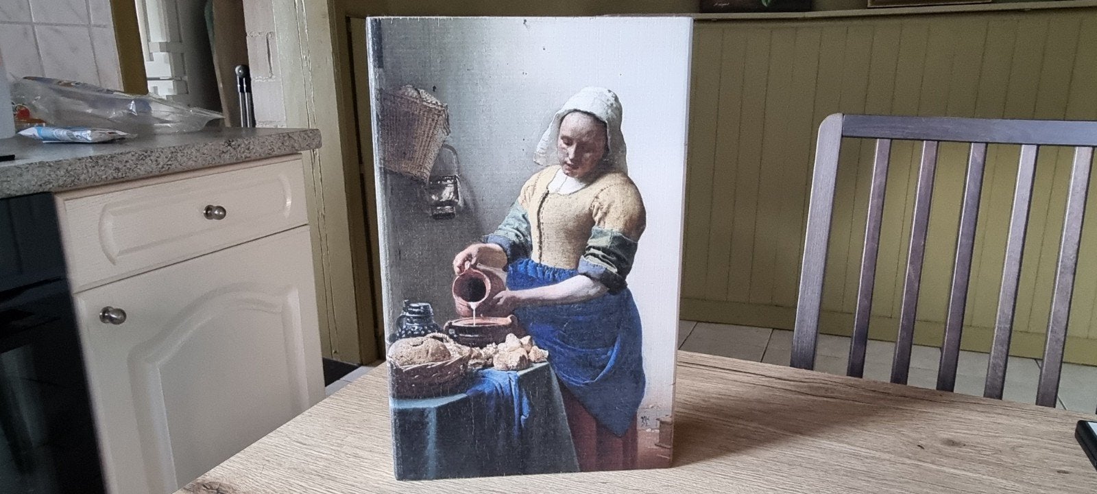 Print op hout Het melkmeisje van Johannes Vermeer, Enlèvement ou Envoi, Comme neuf, Imprimé