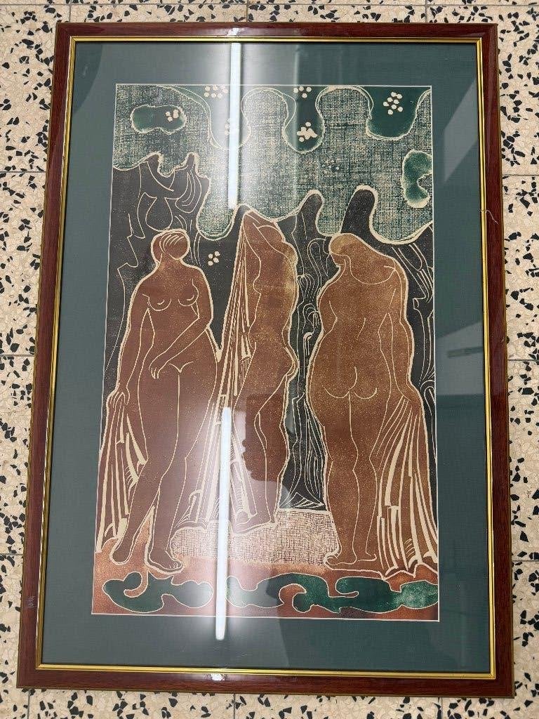 Tableau stylisée représentant des nus (Style Paul Gauguin), Antiquités & Art, Enlèvement, Abstrait, Sous verre