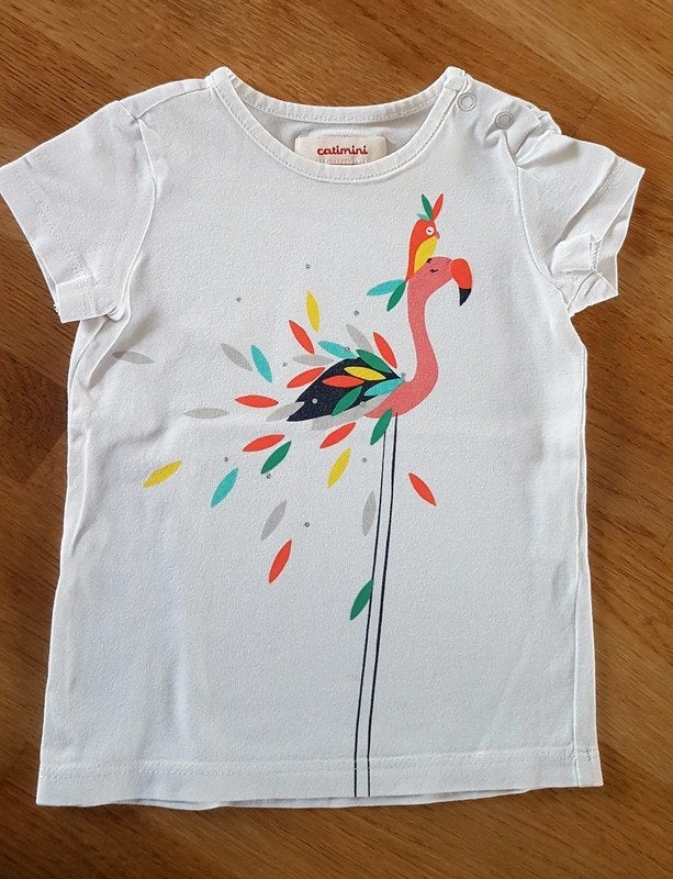 CATIMINI - T-shirt avec flamant rose et perroquet T.12 mois, Catimini, Enlèvement ou Envoi, Utilisé, Chemisette ou Manches longues