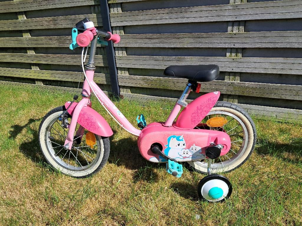 Eerste fietsje (14inch) met remmen, lichten en zijwieltjes, Fietsen en Brommers, Ophalen, Gebruikt, Velgrem, Minder dan 16 inch