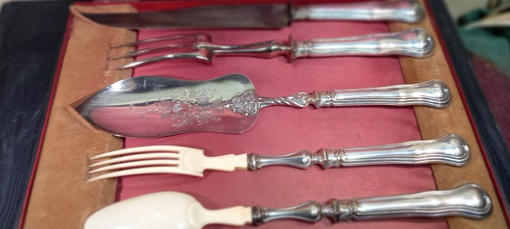 COFFRET DE 5 COUVERTS DE SERVICE EN ARGENT, Antiquités & Art, Enlèvement ou Envoi