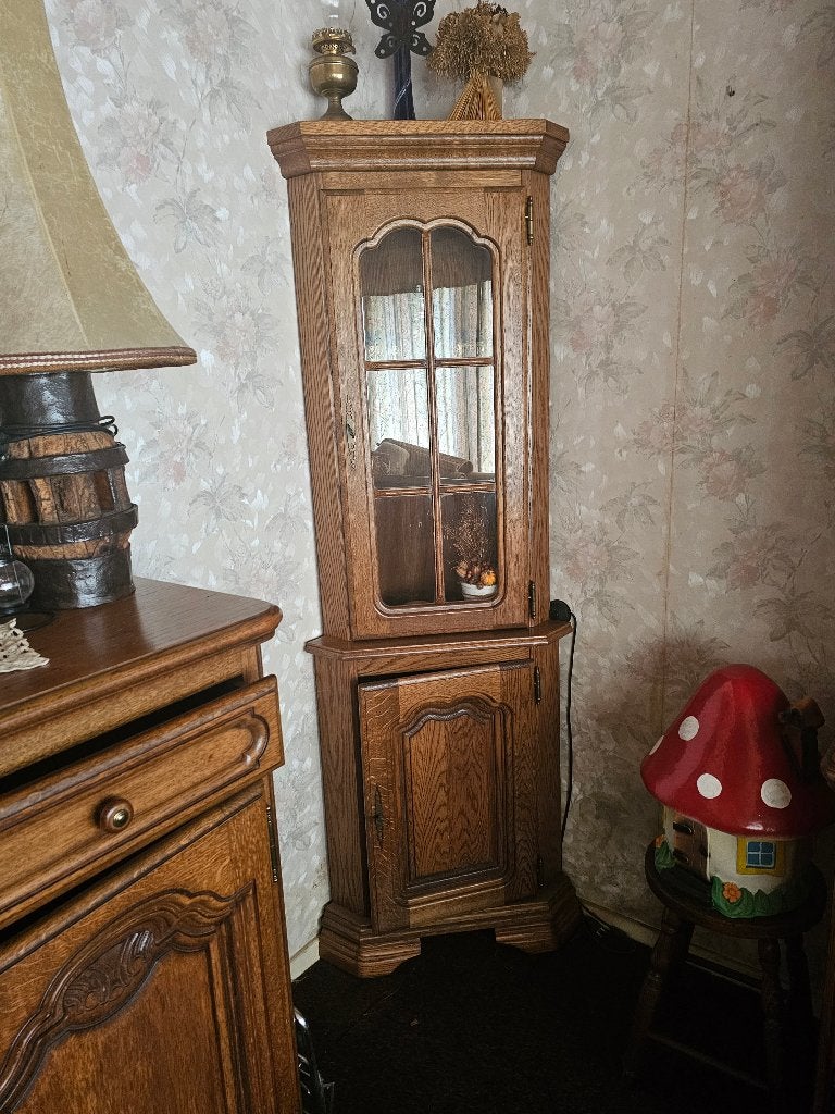 Hoekkast met verlichting, Ophalen, Glas, Met deur(en), Eik