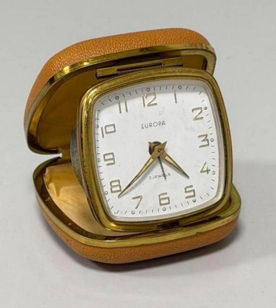 Vintage antiek 1960 Europa 2Jewels reiswekker klok klap-etui, Antiek en Kunst, Ophalen of Verzenden