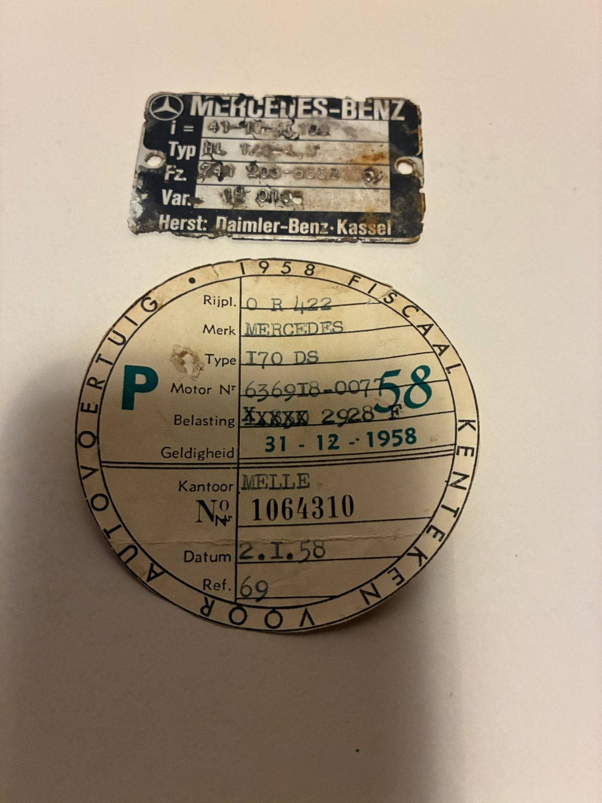 Taksplaatje en identificatie plaatje van oldtimer Mercedes, Auto's, Particulier, Te koop