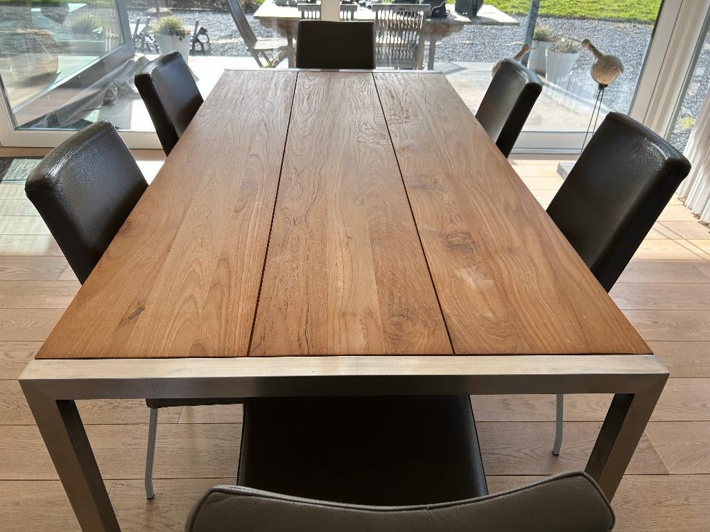 Table à manger -  bois et pieds inox, 150 à 200 cm, Cinq personnes ou plus, Comme neuf, Contemporain