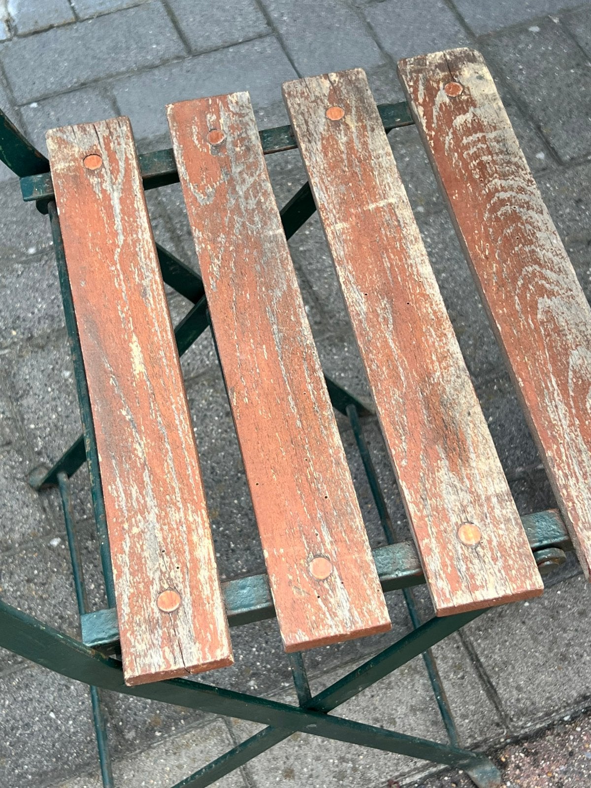 Tuinstoelen vintage hout en ijzer dicht plooibaar, 4 stuks., Jardin & Terrasse, Chaises de jardin, Enlèvement, Utilisé, Bois, Pliant