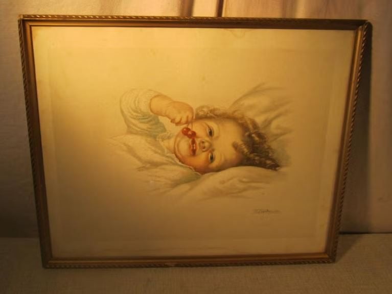 Aquarelle peinte « Fille aux cerises » - Fialkowska, Portrait ou Personnes, Enlèvement ou Envoi, Aquarelle, Encadré