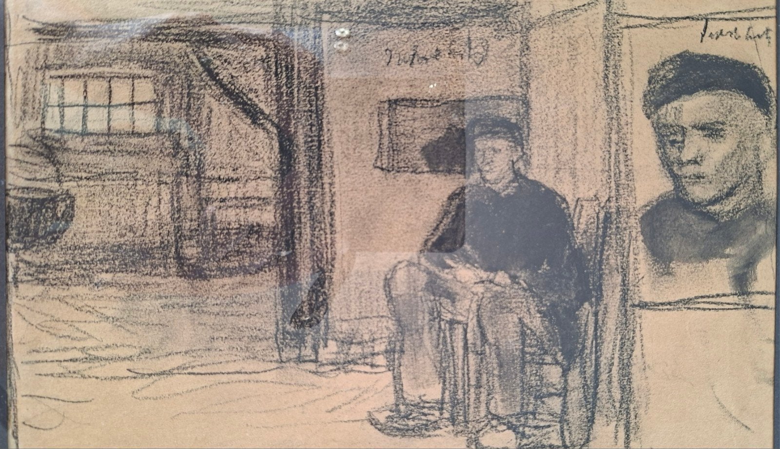 SMITS Jakob "Zittende boer in interieur" houtskooltekening, Antiek en Kunst, Ophalen of Verzenden, Tekening, Houtskooltekening