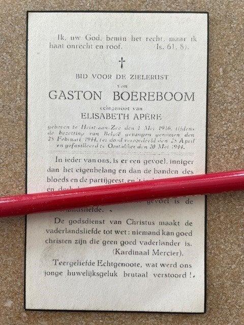 40-45Verzetstrijder Heist aan Zee Boereboom gefusilleerd1944, Ophalen of Verzenden, Bidprentje