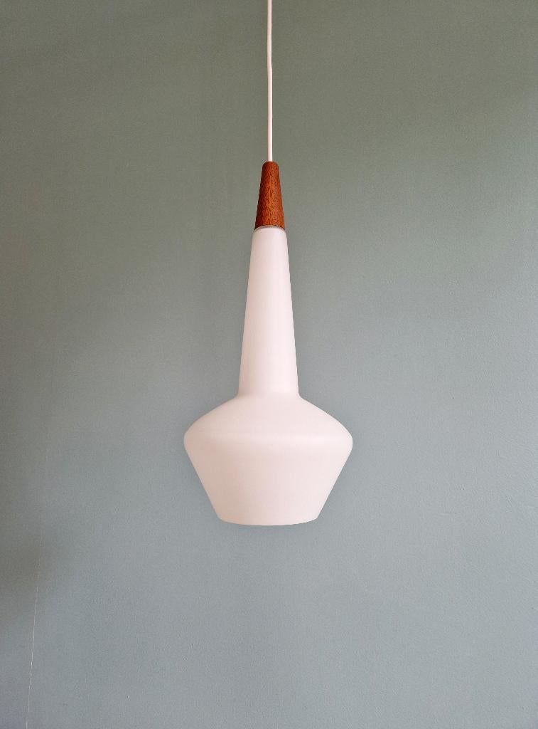 Suspension scandinave en opaline blanche satinée et teck, Enlèvement ou Envoi