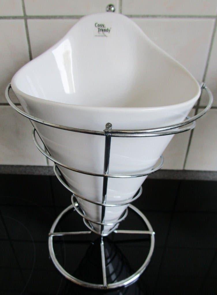 Frietzak van porselein in verchroomde steun - 2 stuks, Overige merken, Ophalen of Verzenden, Zo goed als nieuw, Modern