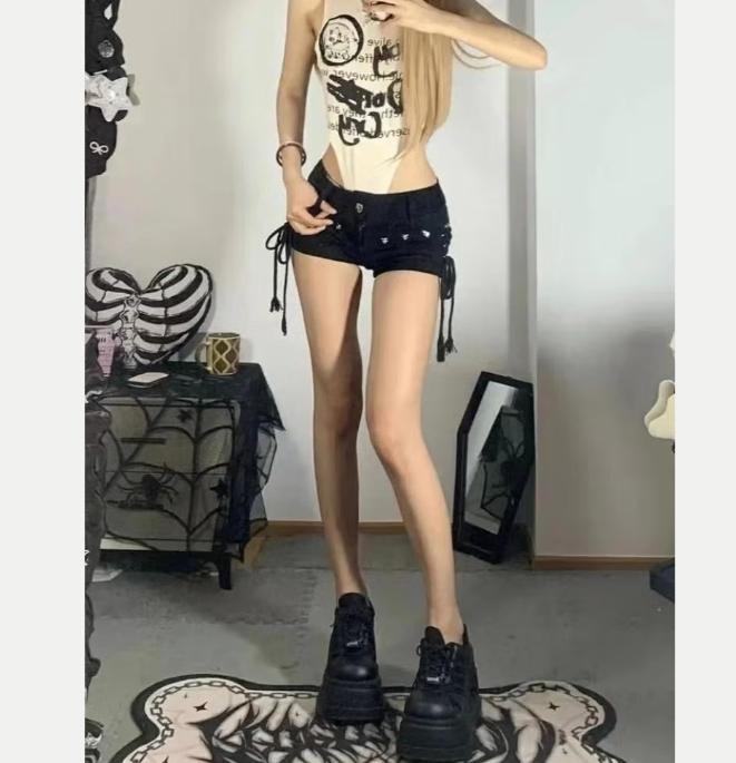 Vintage punk lace up korte jeans Amerikaanse stijl - Zwart, Verzenden, Nieuw, Maat 36 (S), Zwart