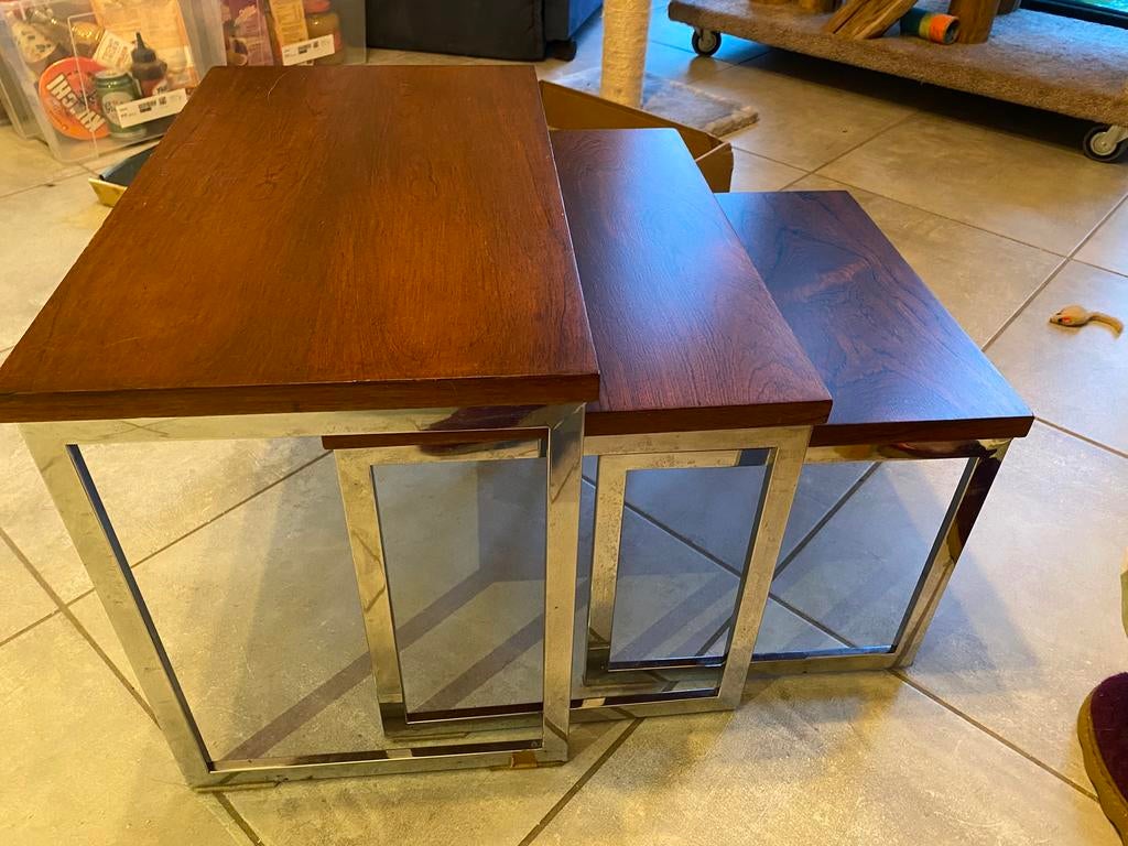 3 bijzettafels design jaren 60 en 70 art deco, Ophalen, Gebruikt, Rechthoekig, Hout