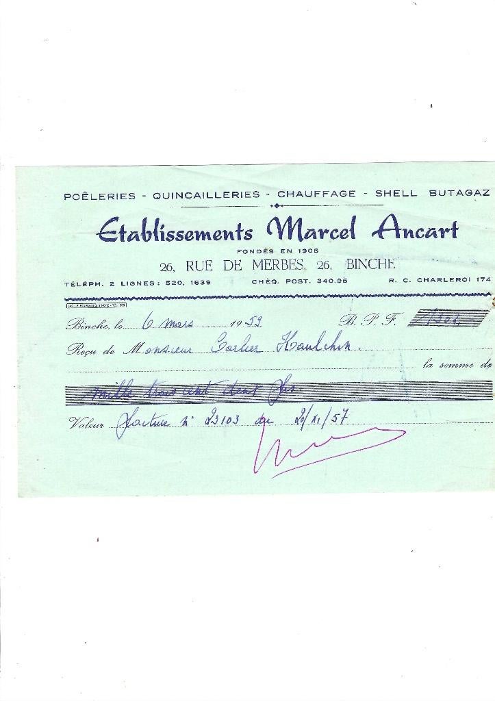 Ancien reçu 1957, Enlèvement ou Envoi, Utilisé