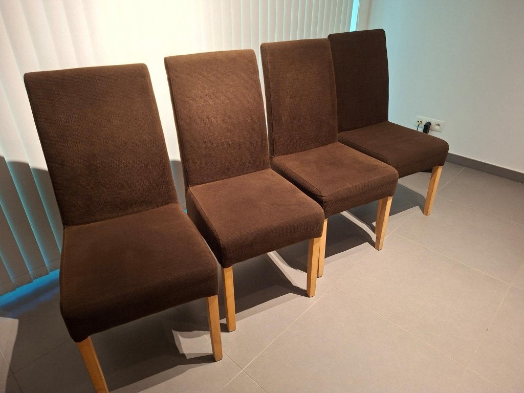 6 chaises avec haut dossier en tissus, Maison & Meubles, Chaises, Utilisé, Cinq, Six Chaises ou plus, Bois, Tissus, Brun, Enlèvement