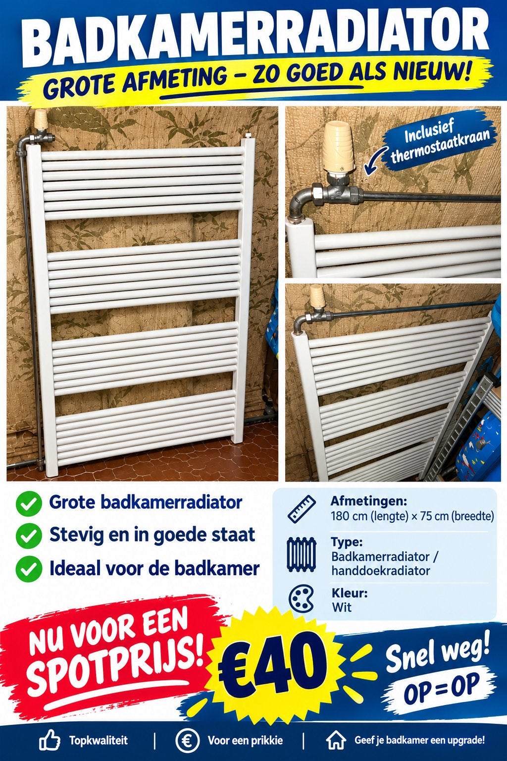 Grote witte badkamerradiator 180  75 cm – €50, Ophalen, Zo goed als nieuw, Radiator