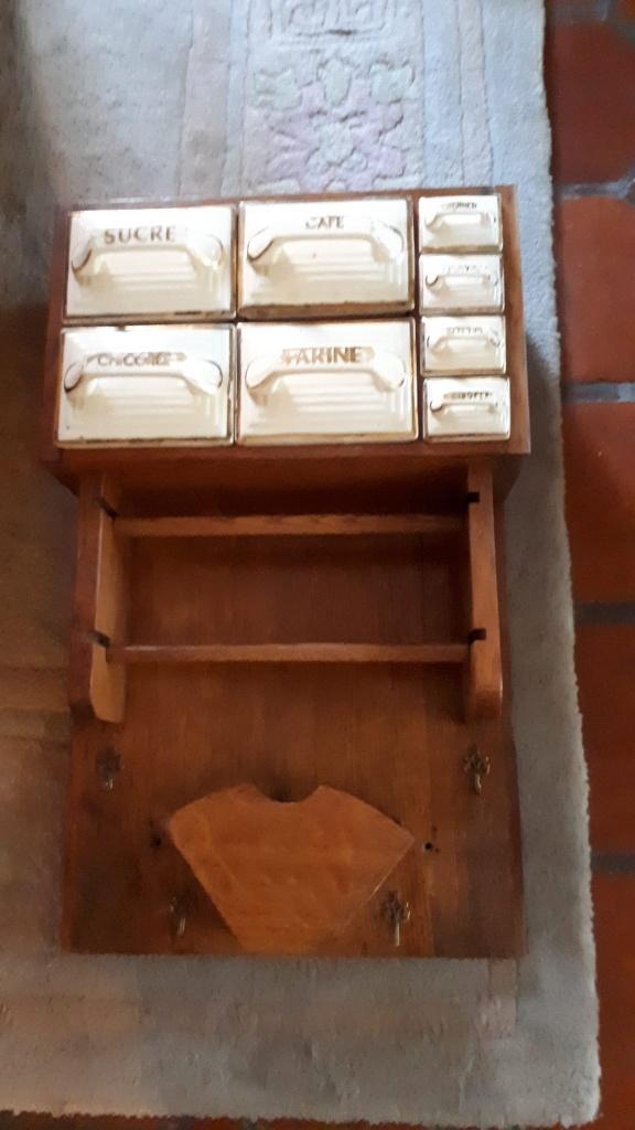 Étagère à épices vintage en bois + 8 tiroirs en céramique, Enlèvement ou Envoi