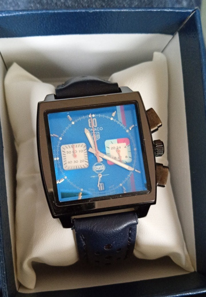 Chronographe Tag Heuer Monaco Gulf, Enlèvement ou Envoi, Cuir, Acier, TAG Heuer
