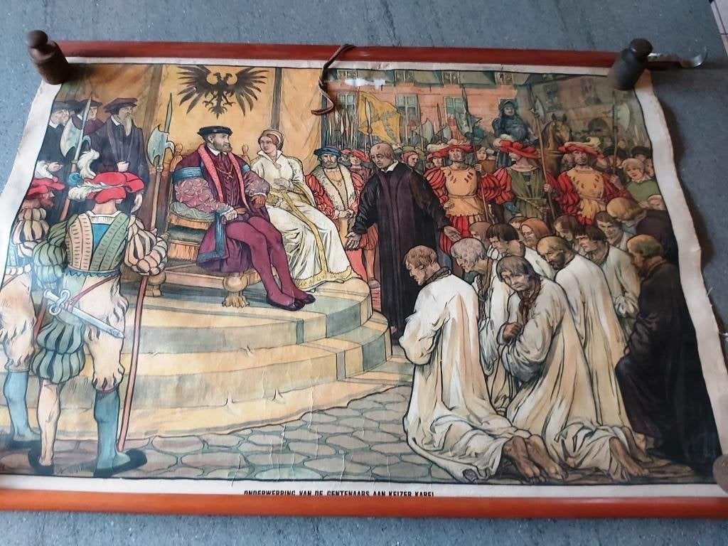 Karel Keizer Middeleeuwen Vlaanderen Gent Strop Markt 1500, Antiek en Kunst, Antiek | Schoolplaten, Verzenden