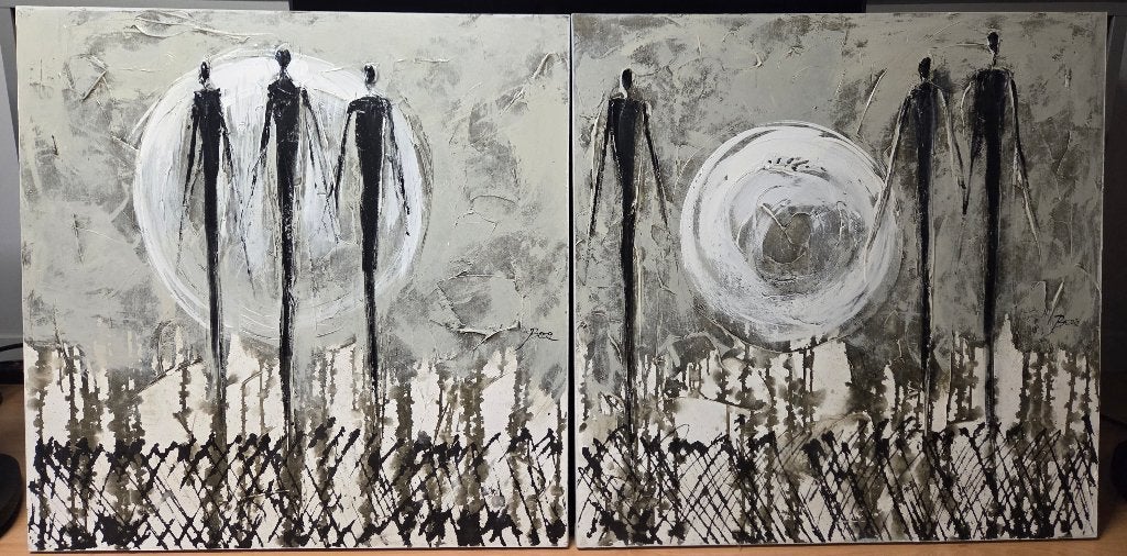 Groot modern diptiek / tweeluik zwart-wit 200x100 cm, Antiquités & Art, Art | Peinture | Moderne, Texturé, Textile, Peinture à l'huile