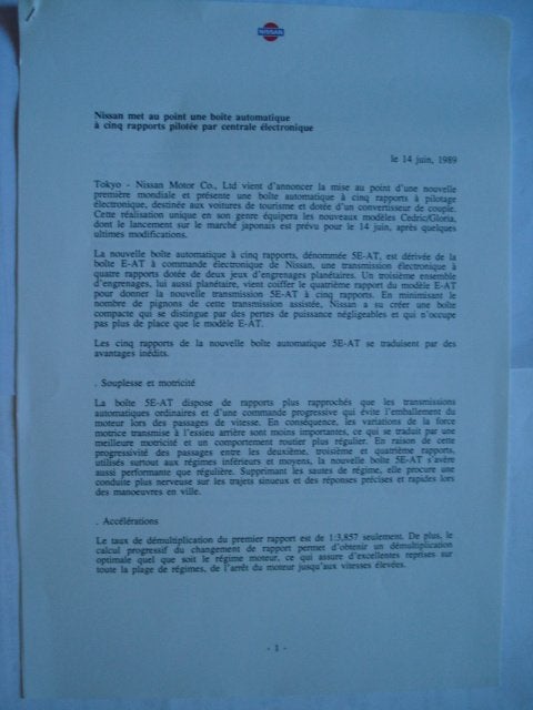 Nissan 5E-AT 1989 Press information infos de presse persinfo, Livres, Envoi, Comme neuf, Nissan