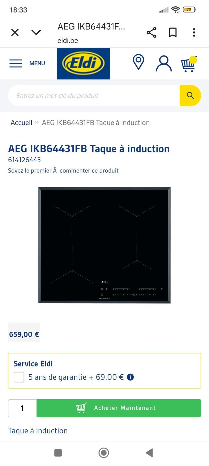 À vendre – Taque à induction AEG IKB64431FB, Electroménager, Enlèvement, Comme neuf, Induction, 4 zones de cuisson