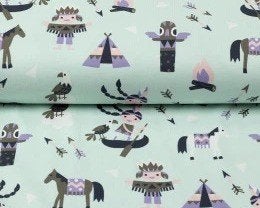 Outlet : jersey stof indianen, mintgroen, Neuf, 200 cm ou plus, Coton, Vert