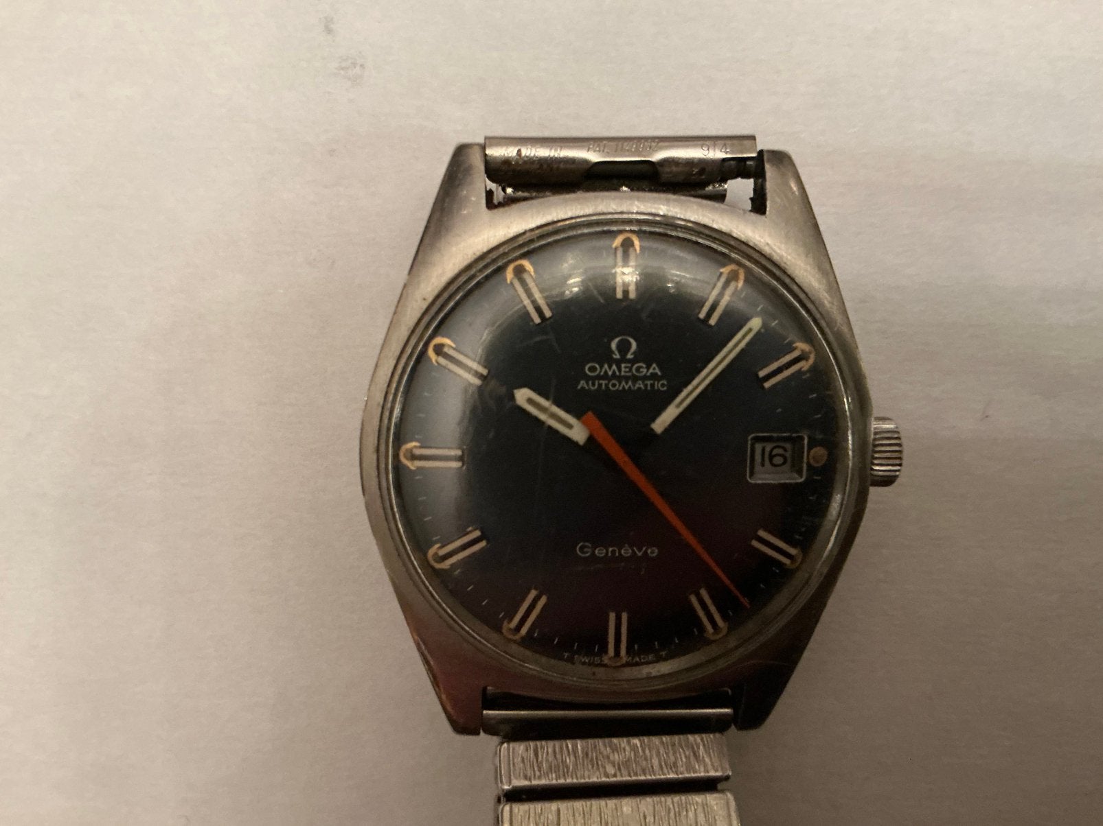 Omega Genève Automatic/blauwe wijzerplaat/rode secondewijzer, Handtassen en Accessoires, Ophalen of Verzenden, Omega
