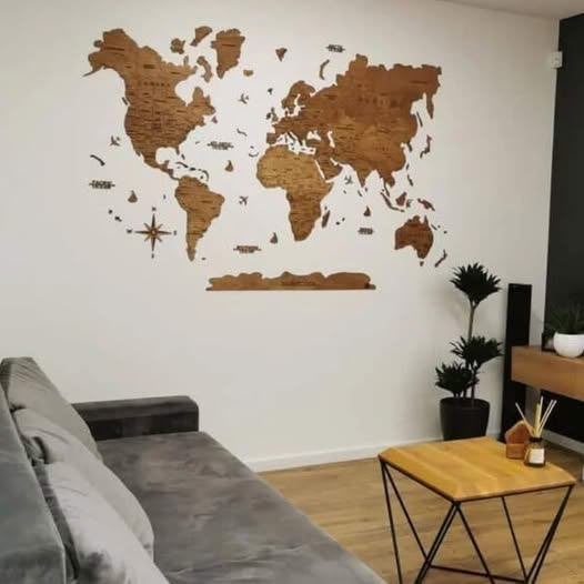 muur wereldkaart in hout NIEUW in doos!!️, Ophalen, Hout, Nieuw, Bruin